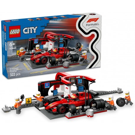Parada en Boxes de F1 y Equipo de Mecánicos con Coche Ferrari - Lego City